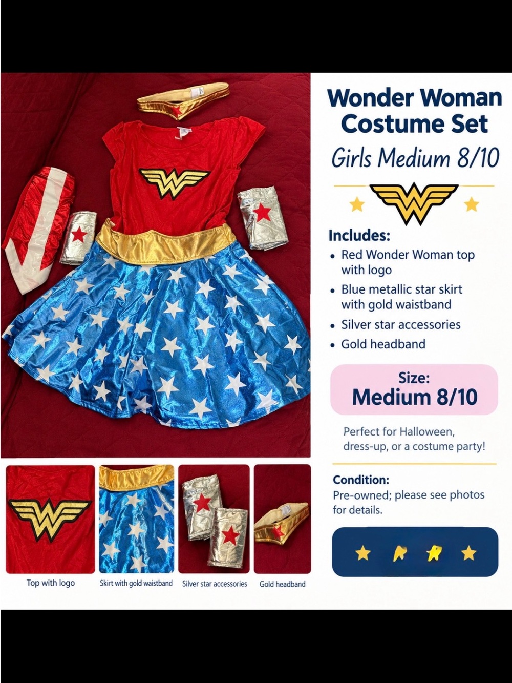 Wonder Woman Girls Costume Set - Red, Blue, Gold